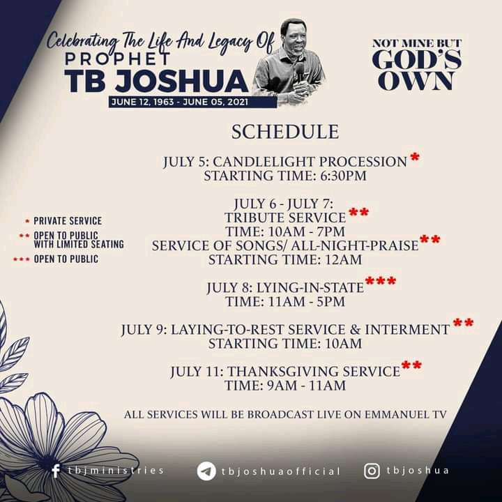 TB Joshua to buried 9 July,2021 - The Synagogue Church of All Nations (SCOAN) 1 A