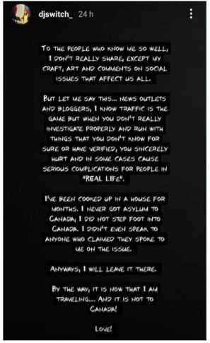 "I have never been granted asylum in Canada" - DJ Switch claims 1 2 1