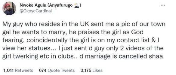 Fraud: A 'Foreign' Nigerian man cancels marriage plans with ‘God fearing’ lady from his hometown after his friend sent him videos of her twerking in night clubs 1 1 20